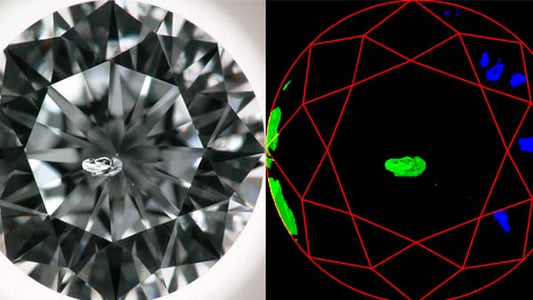 Close-up of a diamond with a detailed view of its brilliant cut on the left, and on the right, a scientific image showing the diamond's internal structure and fluorescence under ultraviolet light, highlighting the gem's unique properties.