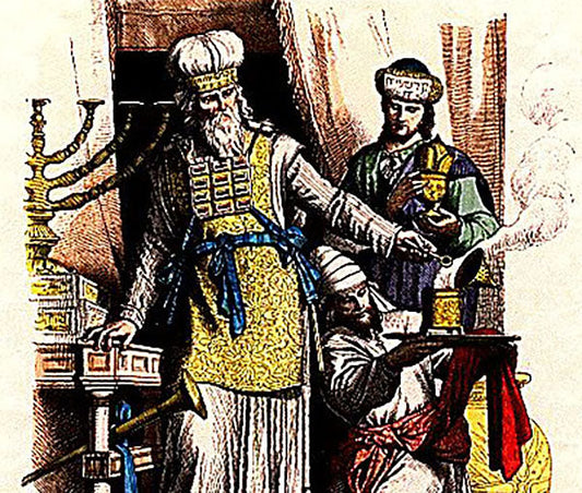 Ancient Jewish High Priest performing ritual in the Temple, wearing traditional golden breastplate and sacred garments, with attendants presenting incense and offerings.