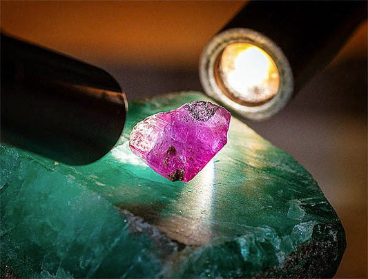 Close-up image of a ruby gemstone being examined under a flashlight, resting on a green emerald surface, showcasing its rich pinkish-red hue and intricate crystal structure.
