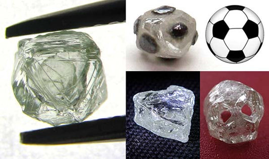 Various diamond crystals showing natural rough shapes, including a diamond resembling a soccer ball, and unique crystal formations with visible inclusions.
