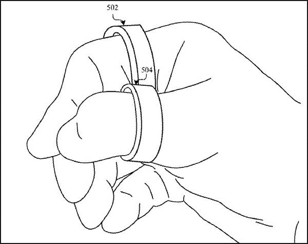 Illustration of a hand wearing two rings, labeled 502 and 504, on the same finger, showing their placement and positioning.