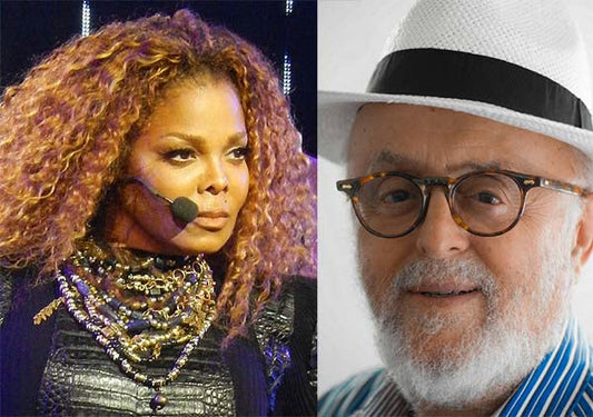 Janet Jackson performing on stage with curly hair and microphone, alongside a portrait of a man wearing glasses and a white hat.