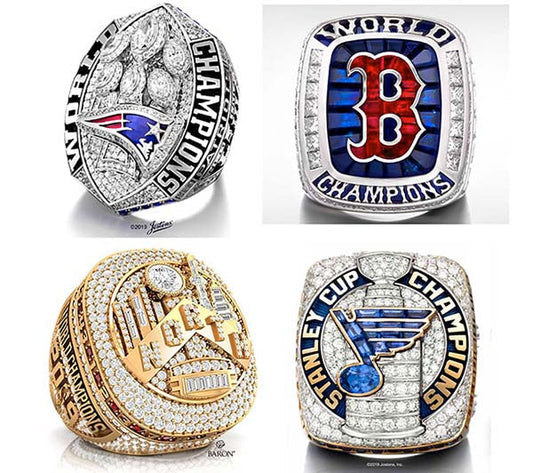 Four championship rings featuring the logos of the New England Patriots, Boston Red Sox, Los Angeles Dodgers, and St. Louis Blues, each adorned with diamonds and symbols of their respective victories.