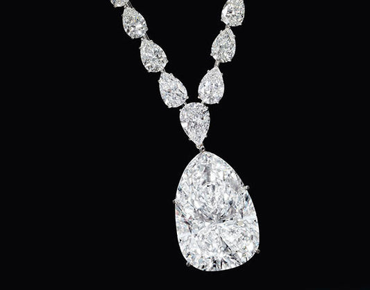 Close-up of an elegant diamond necklace featuring a large pear-shaped diamond pendant surrounded by smaller pear-shaped diamonds, set against a black background, showcasing luxury and sophistication.