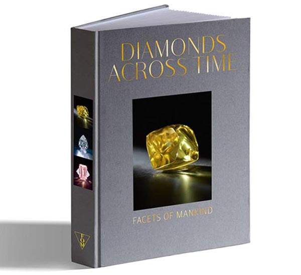 Cover of the book 'Diamonds Across Time: Facets of Mankind' featuring an image of a yellow diamond with additional diamond images on the sides.