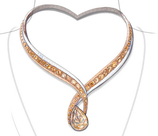 Elegant heart-shaped necklace featuring a teardrop diamond centerpiece, adorned with golden and clear gemstones, designed for a luxurious and sophisticated look.