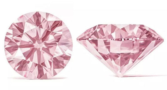 Two pink diamonds displayed side by side, one with a round cut and the other with a diamond cut, showcasing their intricate facets and brilliance.