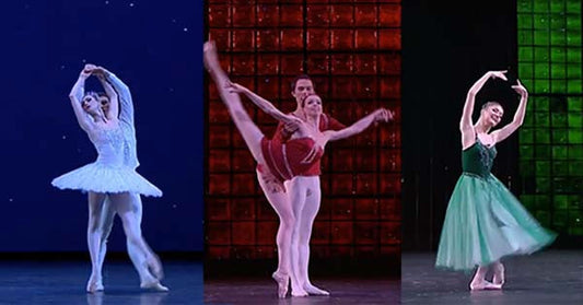 Three ballet dancers performing on stage in various costumes, showcasing elegant poses and ballet techniques.