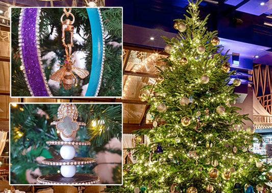 Decorated Christmas tree with sparkling ornaments, including a bee-shaped ornament and a three-tiered jewelry-inspired decoration, set against a festive background.