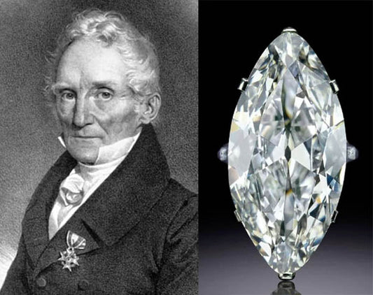 Portrait of Jean-Baptiste Tavernier, a 17th-century French gem dealer, alongside the famous marquise-cut diamond known as the Tavernier Blue Diamond.