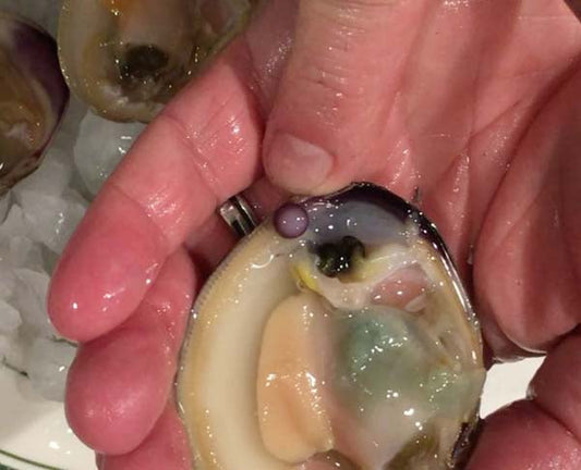 Close-up of a hand holding an oyster with a pearl inside, showcasing the pearl's shape and color.
