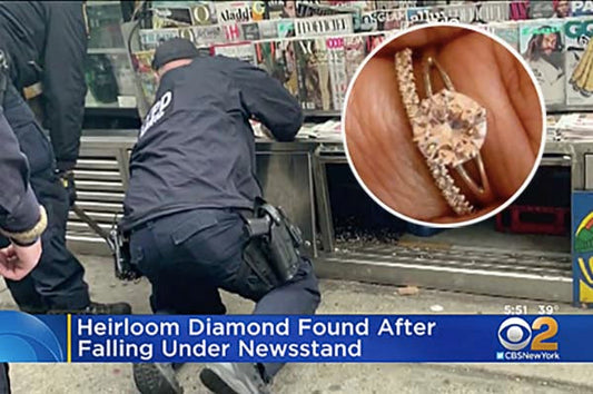 Police officer recovering heirloom diamond ring after it fell under a newsstand, with close-up of the ring showing a round, sparkling diamond set in a gold band.