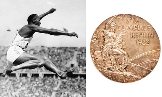 Jesse Owens in mid-flight during the long jump at the 1936 Berlin Olympics, with a close-up of his Olympic gold medal awarded for his achievements in track and field.