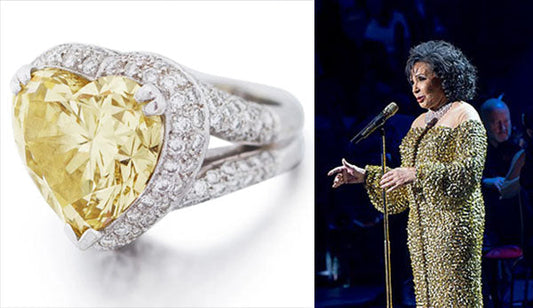Heart-shaped yellow diamond ring with diamond accents, alongside an image of a woman performing on stage in a glittering golden dress.