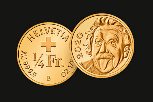 2020 Swiss coin featuring Albert Einstein's famous tongue-out photo and the Helvetia cross symbol, 1/4 Fr. denomination.