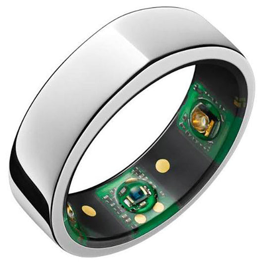 Close-up of a sleek metallic smart ring with visible internal circuitry and sensors, showcasing its advanced technology and modern design.