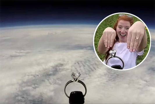 Engagement ring in space with a close-up of a woman showing her ring finger with the same diamond ring on her finger, symbolizing a unique proposal.