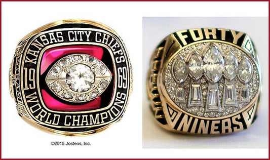 Close-up of two championship rings: the Kansas City Chiefs 1969 World Championship ring with a prominent diamond, and the San Francisco 49ers Super Bowl ring with multiple diamonds set in gold, both featuring detailed engravings.
