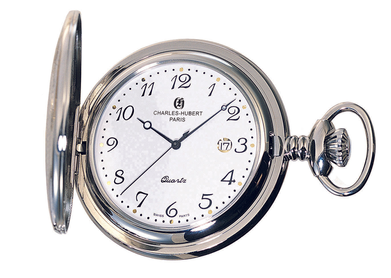 Charles Hubert Stainless Steel Full Hunter Quartz Pocket Watch 3543