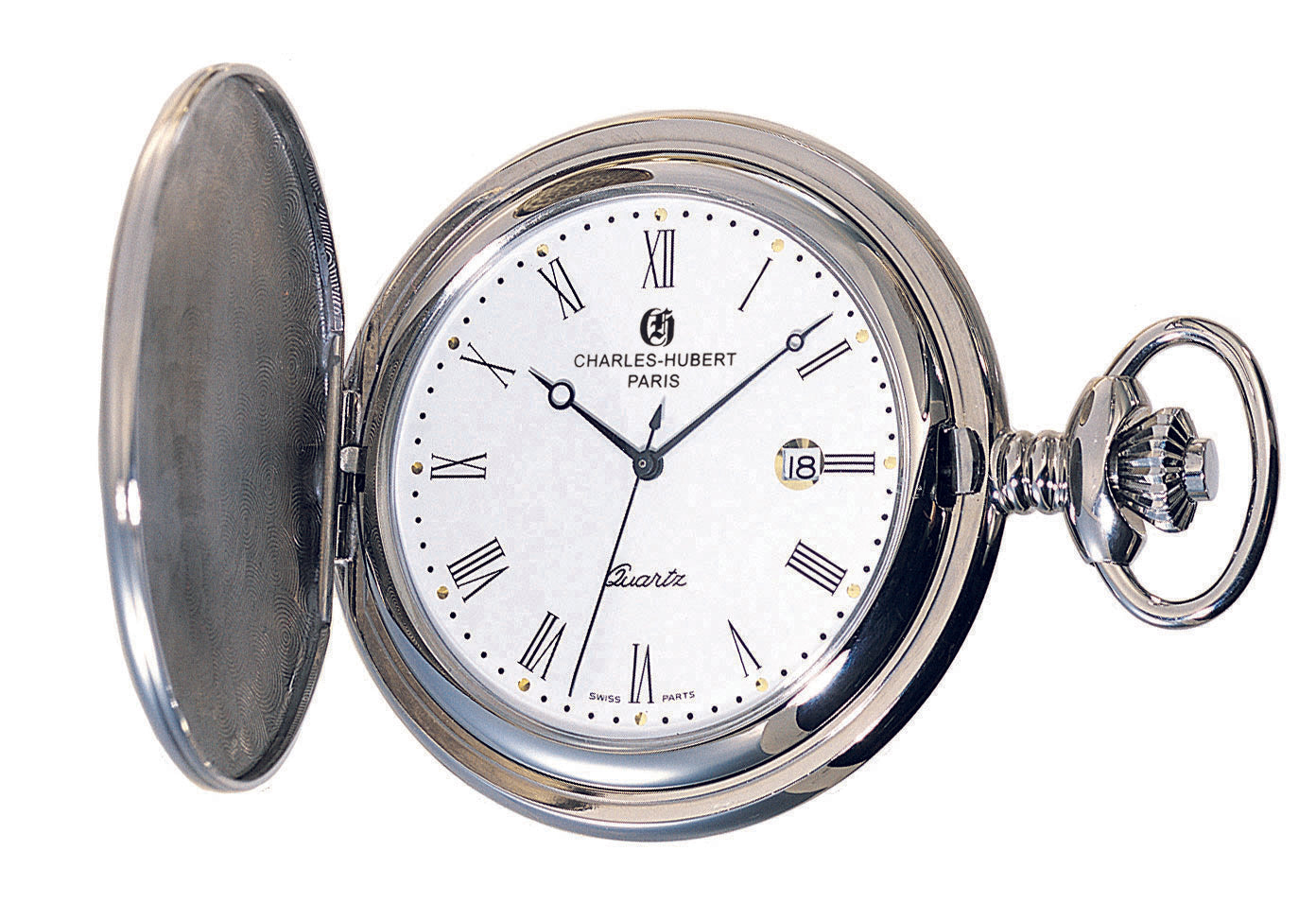Charles Hubert Stainless Steel Full Hunter Quartz Pocket Watch 3544