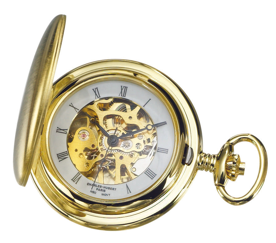 Charles Hubert Gold Plated Brushed Finish Full Hunter Mechanical Pocket Watch 3595