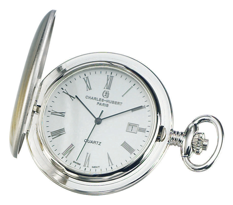 Charles Hubert Stainless Steel Full Hunter Quartz Pocket Watch 3726