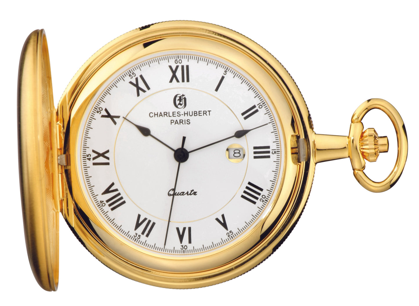 Charles Hubert Gold Plated Brushed Finish Full Hunter Quartz Pocket Watch 3939