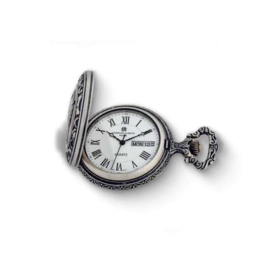 Antique silver Charles-Hubert Paris full hunter quartz pocket watch with Roman numerals, day-date display, and ornate case design.