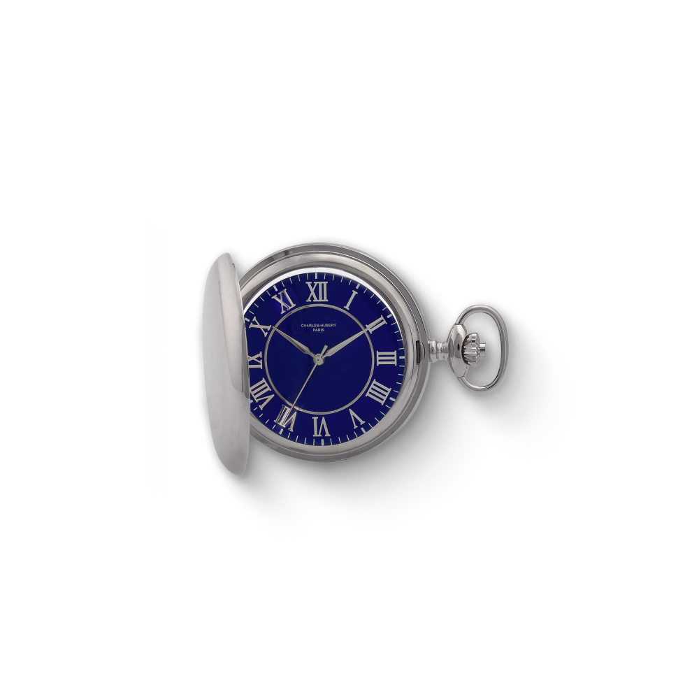 Silver Charles-Hubert Paris full hunter quartz pocket watch with blue dial, Roman numerals, and polished stainless steel finish.