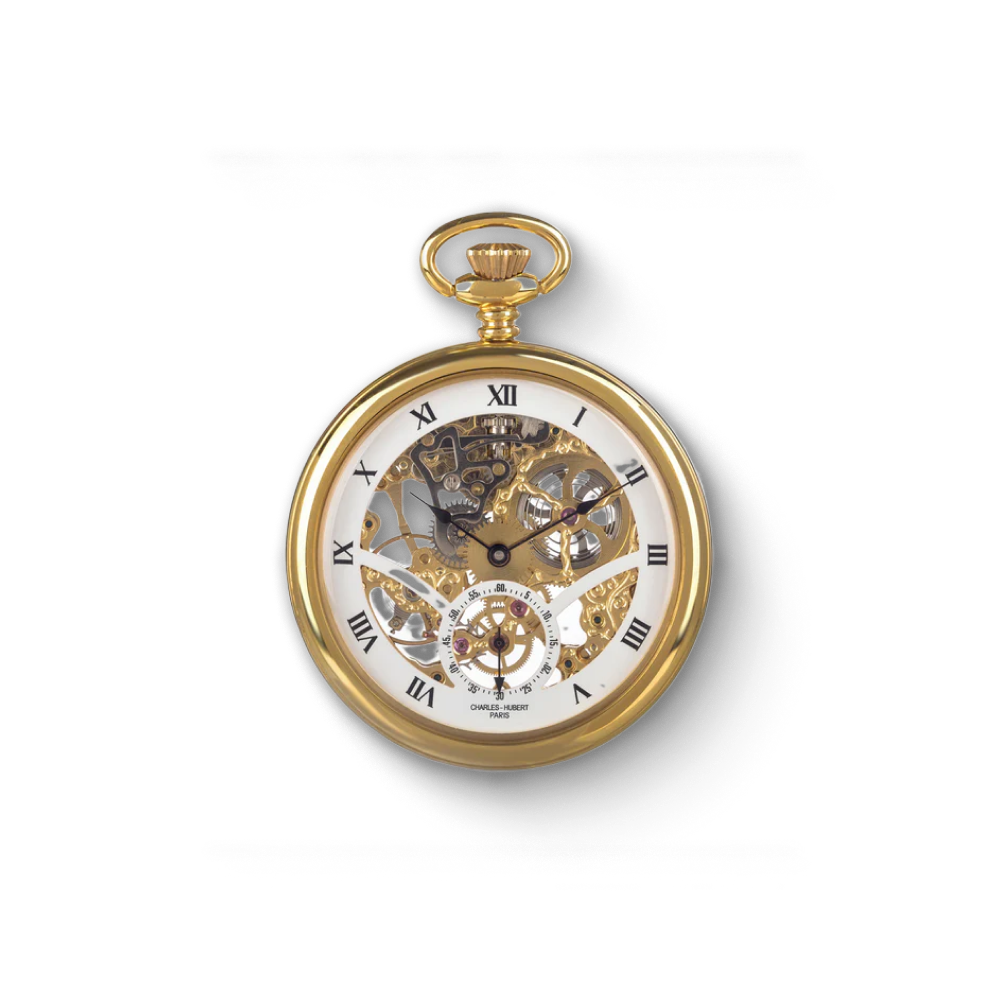 Gold-plated Charles-Hubert Paris stainless steel open-face mechanical pocket watch with Roman numerals, skeleton dial, and visible inner movement gears.