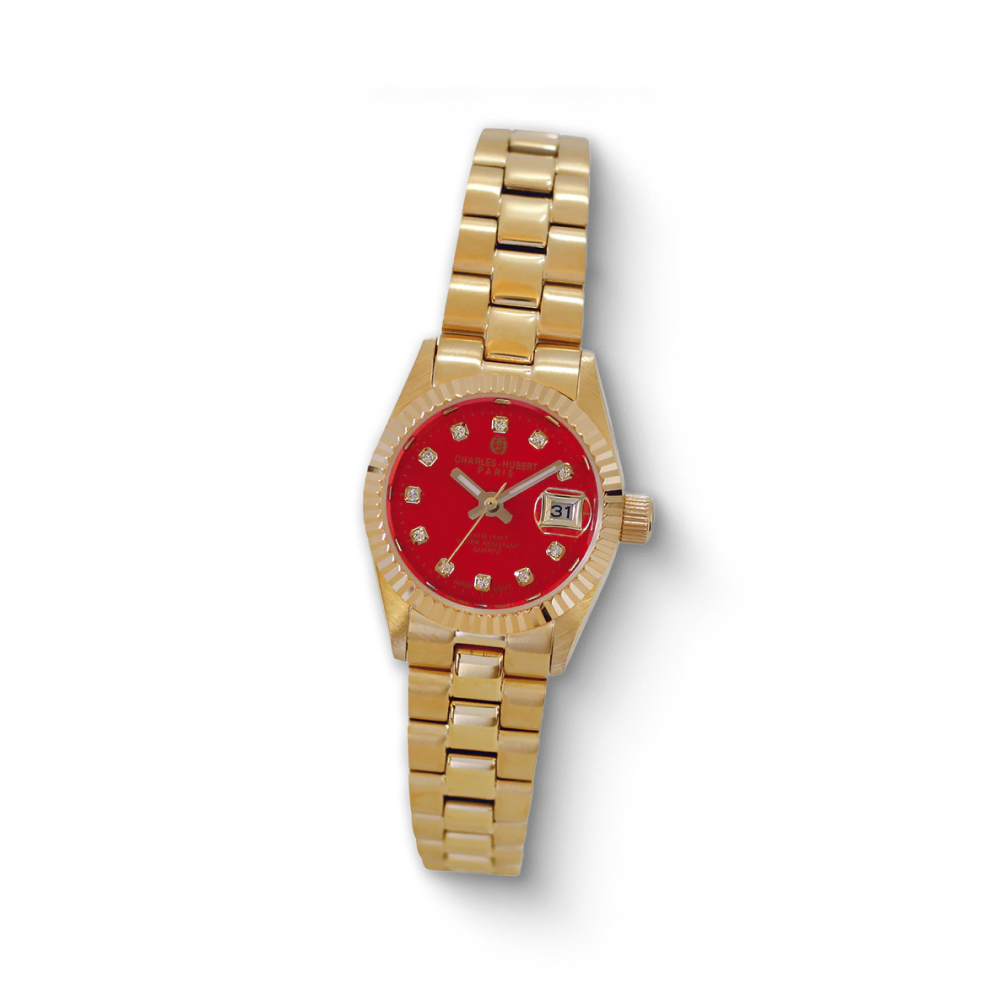 Charles-Hubert gold-plated stainless steel quartz women's watch with red dial, diamond markers, and date display.