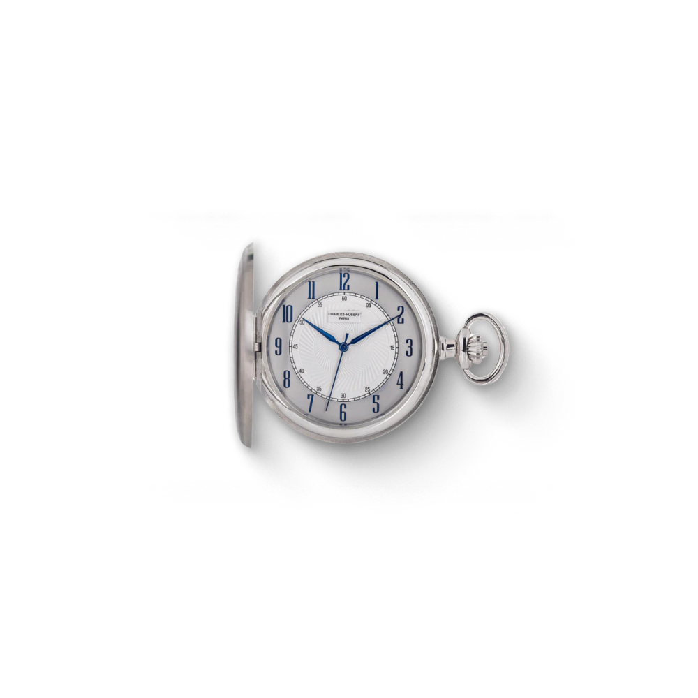 Silver Charles-Hubert Paris stainless steel full hunter quartz pocket watch with blue Arabic numerals and polished finish.