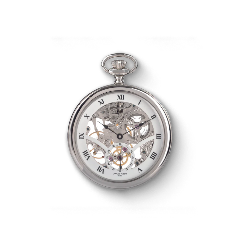 Silver Charles-Hubert Paris stainless steel open-face mechanical pocket watch with Roman numerals, skeleton dial, and visible movement gears.