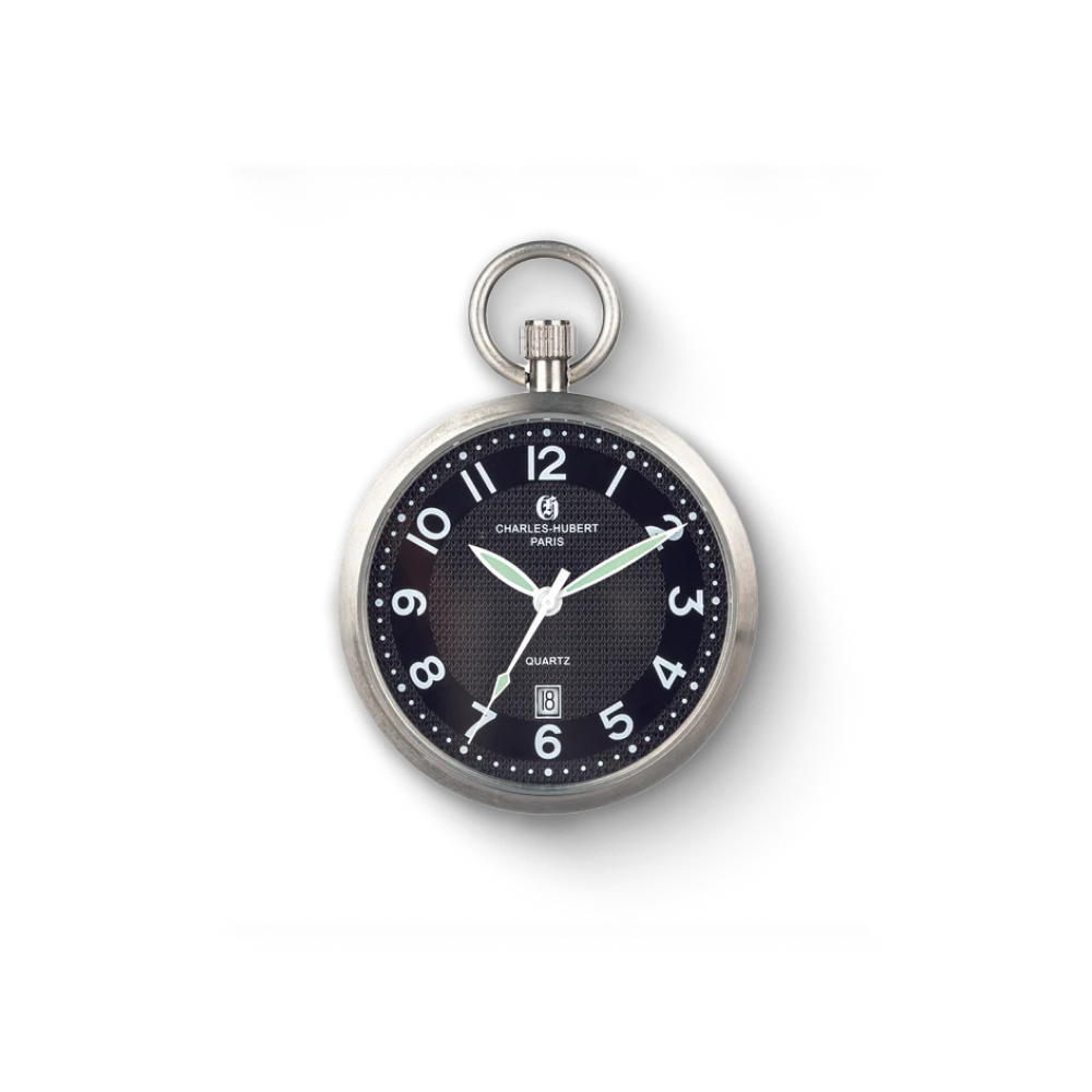 Black Charles-Hubert Paris stainless steel open-face quartz pocket watch with Arabic numerals, date display, and luminous hands.