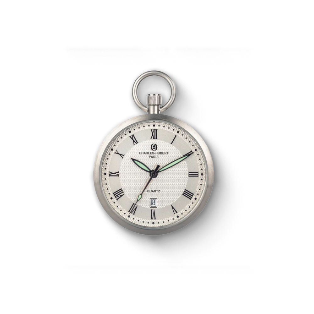 Silver Charles-Hubert Paris stainless steel open-face quartz pocket watch with Roman numerals, date display, and green hour and minute hands.