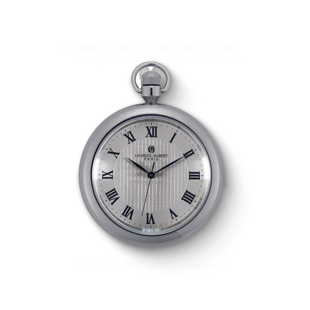 Close-up of a Charles Hubert stainless steel open-face quartz pocket watch with a textured silver dial, Roman numerals, and sleek, polished case.