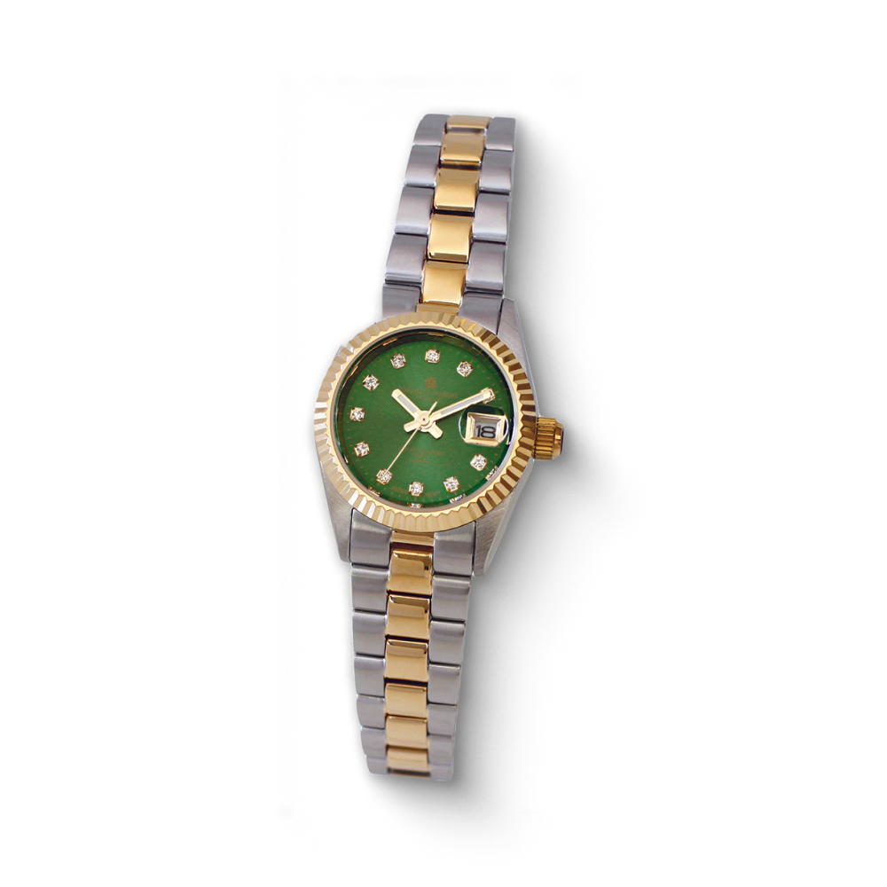 Charles-Hubert two-tone stainless steel quartz women's watch with green dial, diamond markers, and date display.