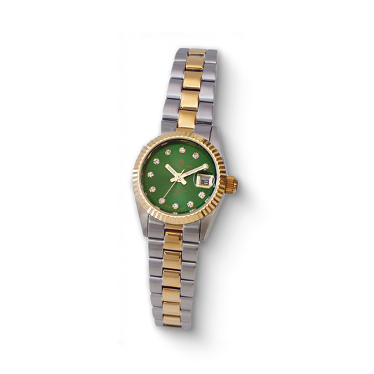 Charles-Hubert two-tone stainless steel quartz women's watch with green dial, diamond markers, and date display.