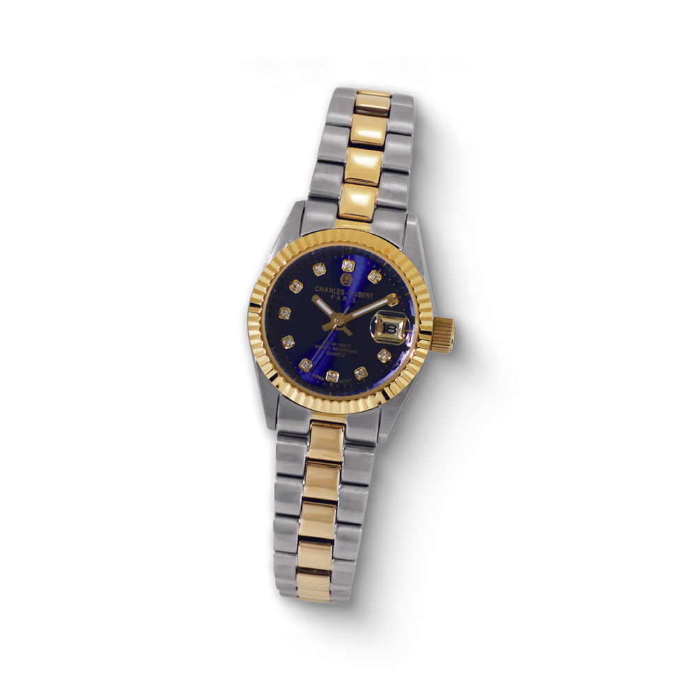 Charles-Hubert two-tone stainless steel quartz women's watch with blue dial and diamond markers, featuring a date display.