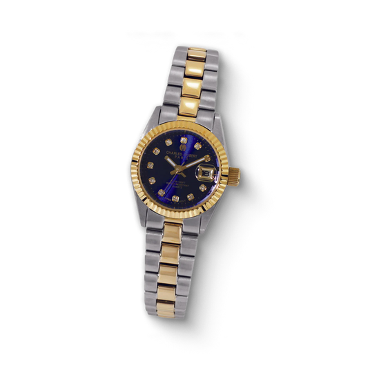 Charles-Hubert two-tone stainless steel quartz women's watch with blue dial and diamond markers, featuring a date display.