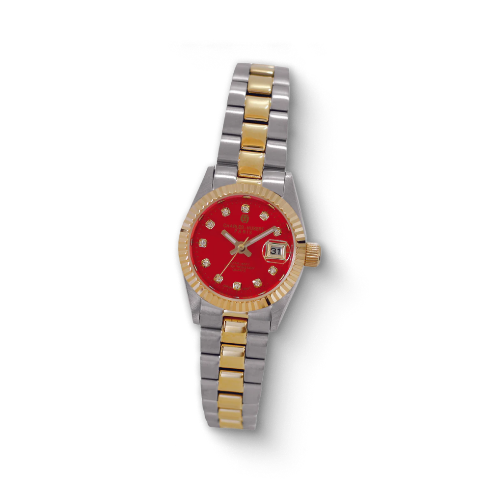 Charles-Hubert two-tone stainless steel quartz women's watch with red dial and diamond markers, featuring a date display.