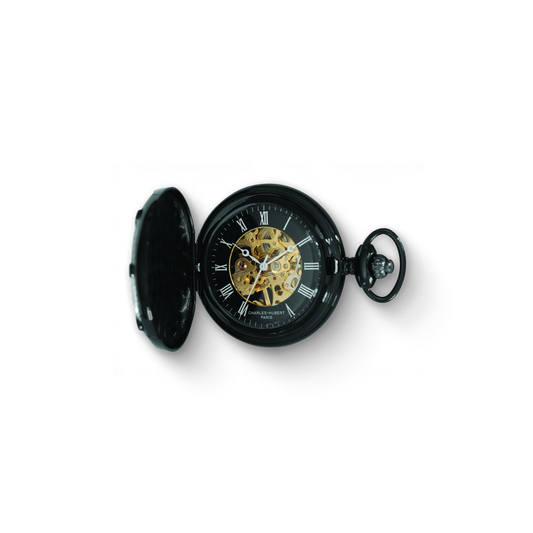 Close-up of a Charles Hubert black-plated full hunter mechanical pocket watch, featuring a skeleton dial with gold-toned gears and Roman numerals on a black background.