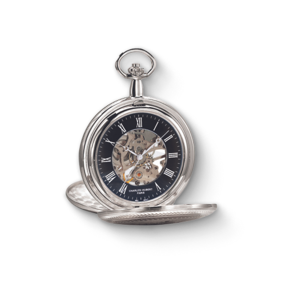 Close-up of a Charles Hubert double full hunter mechanical pocket watch with a black dial, Roman numerals, and visible skeleton movement, showcasing intricate gears.