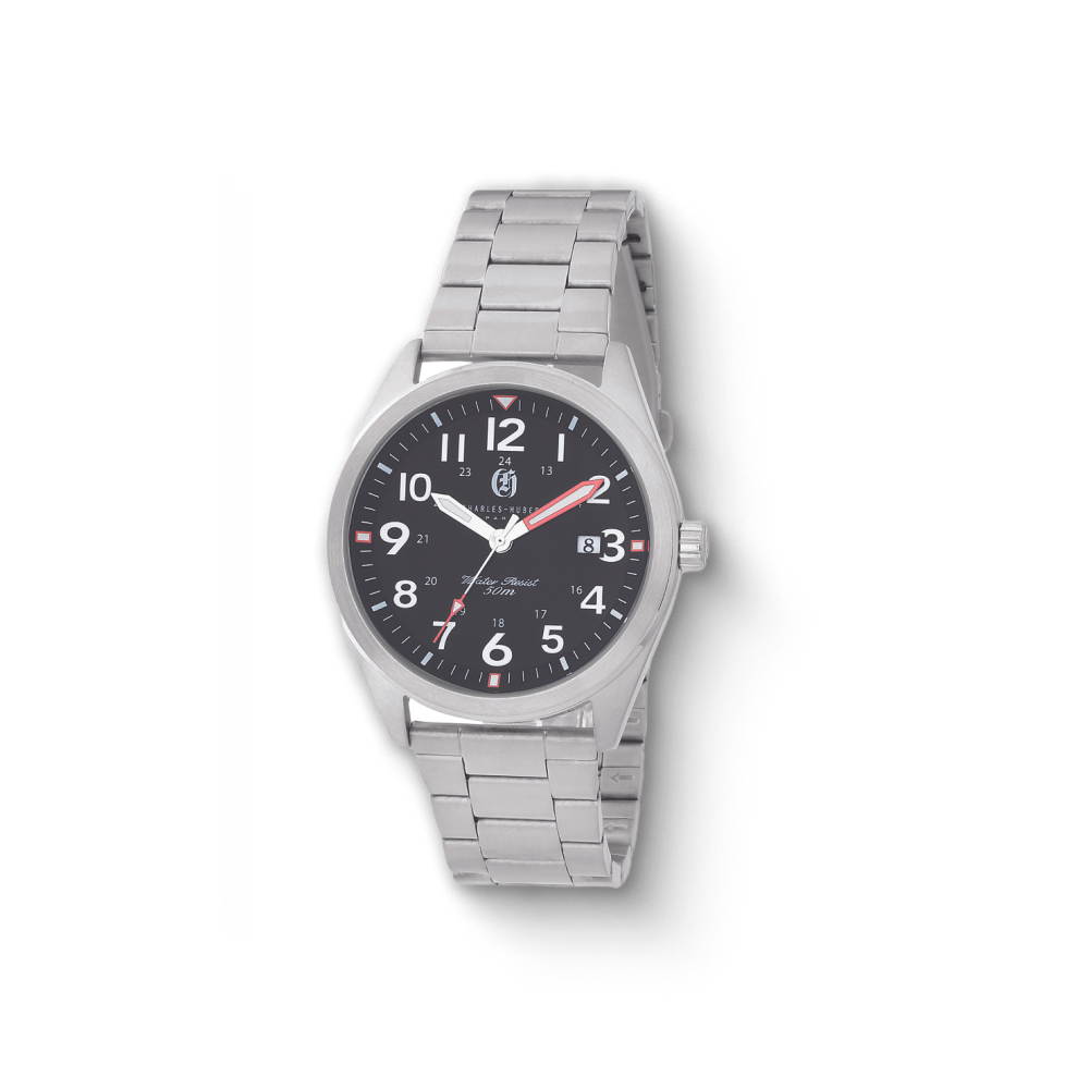 Close-up of a Charles Hubert men's wristwatch featuring a black dial with white numerals, a stainless steel bracelet, and a red second hand for a bold and stylish look.
