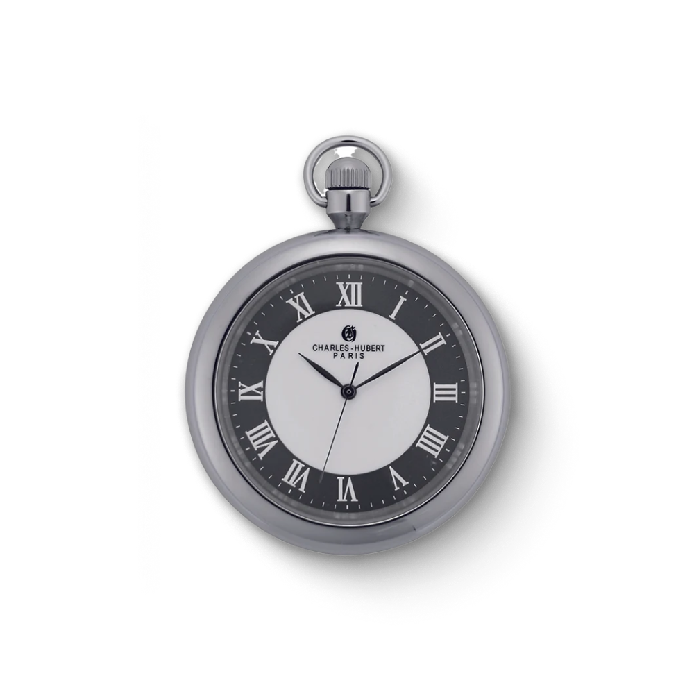 Close-up of a Charles Hubert stainless steel open-face quartz pocket watch featuring a black and white dial with Roman numerals, and a sleek silver case.