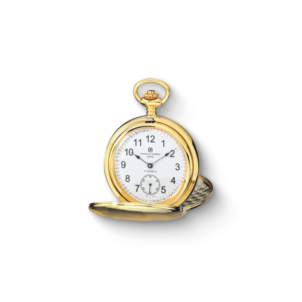 Charles Hubert Gold-Plated Stainless Steel Brushed Finish Double Full Hunter Mechanical Pocket Watch 3908-GRR