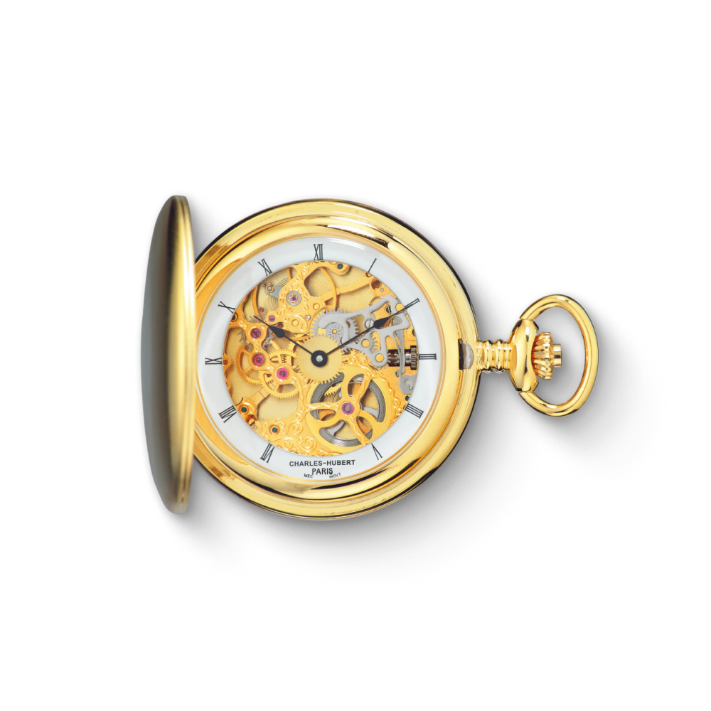 Charles Hubert Gold-Plated Stainless Steel Polished Finish Full Hunter Mechanical Pocket Watch 3905-G