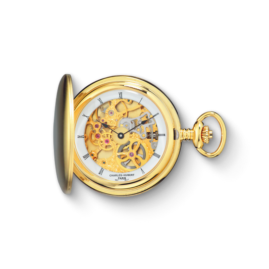 Charles Hubert Gold-Plated Stainless Steel Polished Finish Full Hunter Mechanical Pocket Watch 3905-G