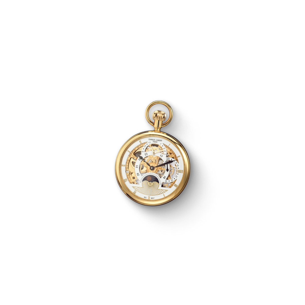 Charles Hubert Stainless Steel Open Face Dual Time Mechanical Pocket Watch