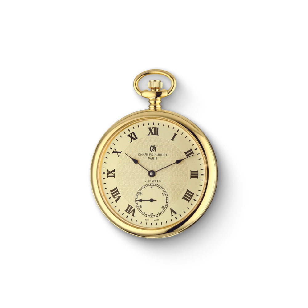 Charles Hubert Gold-Plated Stainless Steel Open Face Mechanical Pocket Watch 3912-G